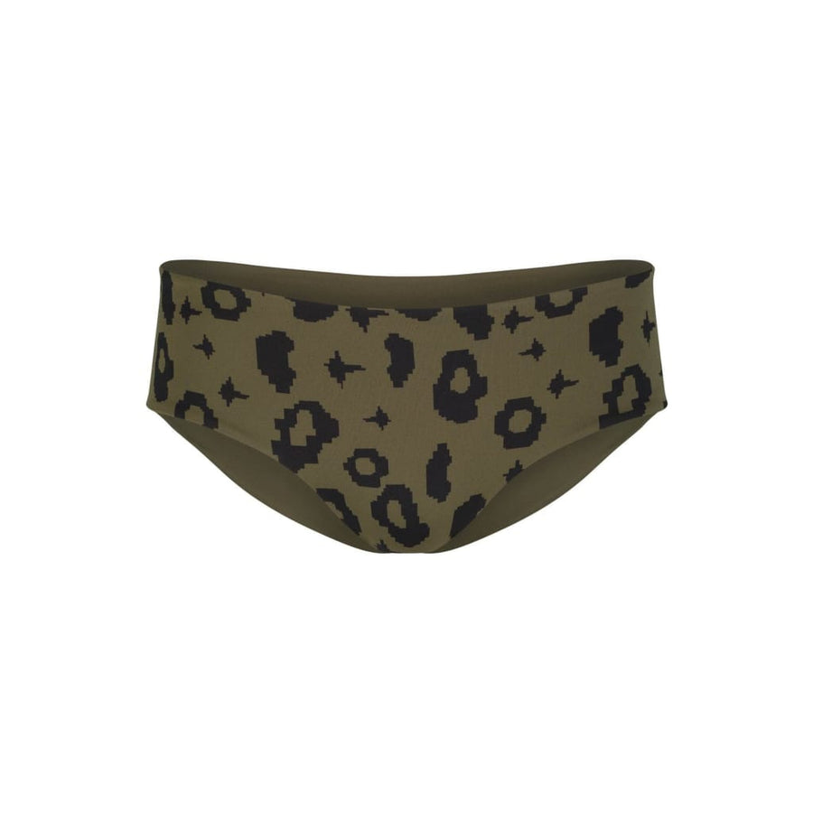 nachhaltige bikini bottom amami green leopard moss, sustainable swimwear, reversible swimwear