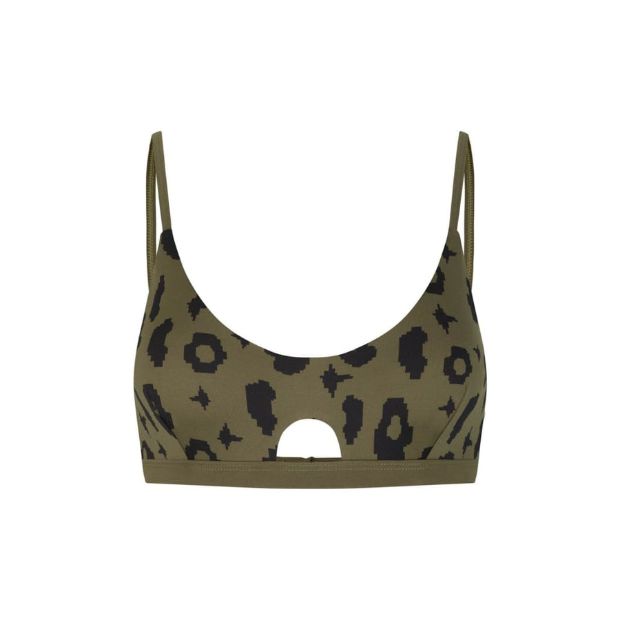 nachhaltige bikini top Diani green leopard moss, sustainable swimwear, reversible swimwear