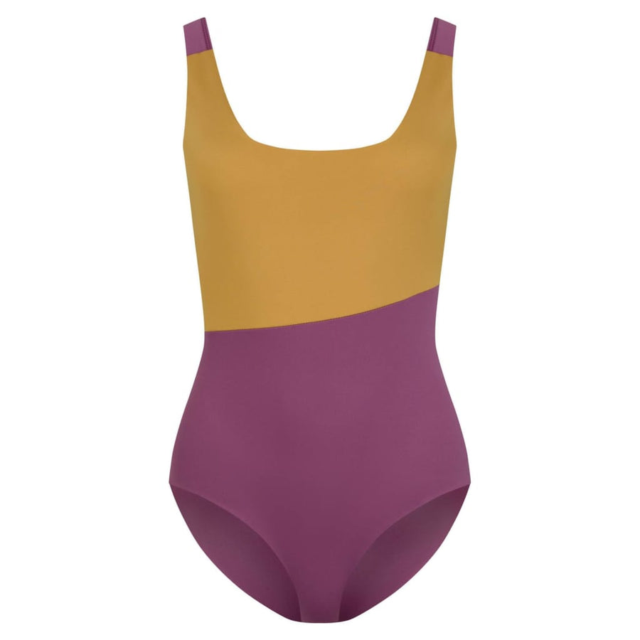 boochen eco-friendly swimsuit in lila yellow senf color, sustainable fashion, sustainable swimsuit, yoga, nachhaltige swimsuit im lila Geld, colorblocking